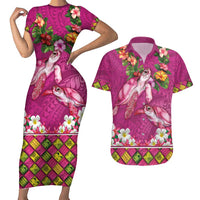 Hawaiian Lei Turtle and Plumeria Couples Matching Short Sleeve Bodycon Dress and Hawaiian Shirt Polynerian Art Tattoo-Plum Pink Color LT03 Pink - Polynesian Pride