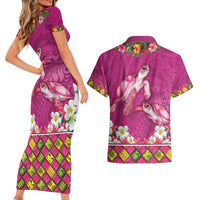 Hawaiian Lei Turtle and Plumeria Couples Matching Short Sleeve Bodycon Dress and Hawaiian Shirt Polynerian Art Tattoo-Plum Pink Color LT03 - Polynesian Pride