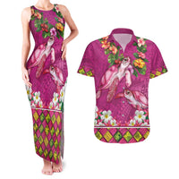 Hawaiian Lei Turtle and Plumeria Couples Matching Tank Maxi Dress and Hawaiian Shirt Polynerian Art Tattoo-Plum Pink Color LT03 Pink - Polynesian Pride