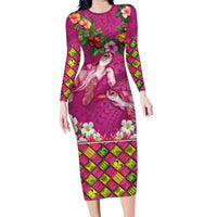 Hawaiian Lei Turtle and Plumeria Family Matching Long Sleeve Bodycon Dress and Hawaiian Shirt Polynerian Art Tattoo-Plum Pink Color LT03 Mom's Dress Pink - Polynesian Pride