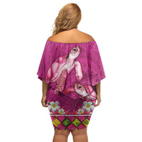Hawaiian Lei Turtle and Plumeria Off Shoulder Short Dress Polynerian Art Tattoo-Plum Pink Color