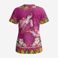 Hawaiian Lei Turtle and Plumeria Scrub Top Polynerian Art Tattoo-Plum Pink Color - Polynesian Pride