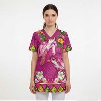 Hawaiian Lei Turtle and Plumeria Scrub Top Polynerian Art Tattoo-Plum Pink Color - Polynesian Pride