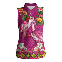 Hawaiian Lei Turtle and Plumeria Women Sleeveless Polo Shirt Polynerian Art Tattoo-Plum Pink Color LT03 Female Pink - Polynesian Pride