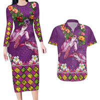 Hawaiian Lei Turtle and Plumeria Couples Matching Long Sleeve Bodycon Dress and Hawaiian Shirt Polynerian Art Tattoo-Mauve Color LT03 Purple - Polynesian Pride