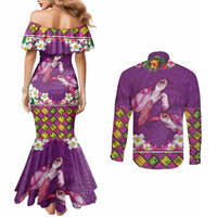 Hawaiian Lei Turtle and Plumeria Couples Matching Mermaid Dress and Long Sleeve Button Shirt Polynerian Art Tattoo-Mauve Color LT03 - Polynesian Pride