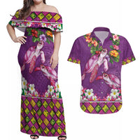 Hawaiian Lei Turtle and Plumeria Couples Matching Off Shoulder Maxi Dress and Hawaiian Shirt Polynerian Art Tattoo-Mauve Color LT03 Purple - Polynesian Pride