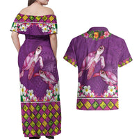 Hawaiian Lei Turtle and Plumeria Couples Matching Off Shoulder Maxi Dress and Hawaiian Shirt Polynerian Art Tattoo-Mauve Color LT03 - Polynesian Pride