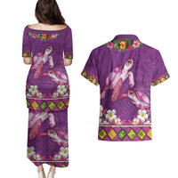 Hawaiian Lei Turtle and Plumeria Couples Matching Puletasi and Hawaiian Shirt Polynerian Art Tattoo-Mauve Color LT03 - Polynesian Pride