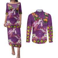 Hawaiian Lei Turtle and Plumeria Couples Matching Puletasi and Long Sleeve Button Shirt Polynerian Art Tattoo-Mauve Color