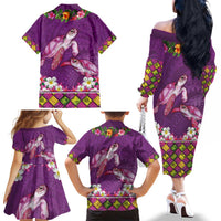 Hawaiian Lei Turtle and Plumeria Family Matching Off The Shoulder Long Sleeve Dress and Hawaiian Shirt Polynerian Art Tattoo-Mauve Color LT03 - Polynesian Pride