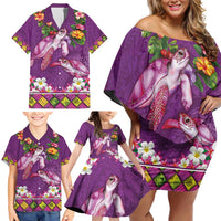 Hawaiian Lei Turtle and Plumeria Family Matching Off Shoulder Short Dress and Hawaiian Shirt Polynerian Art Tattoo-Mauve Color LT03 - Polynesian Pride