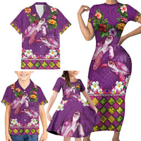Hawaiian Lei Turtle and Plumeria Family Matching Short Sleeve Bodycon Dress and Hawaiian Shirt Polynerian Art Tattoo-Mauve Color LT03 - Polynesian Pride