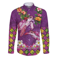 Hawaiian Lei Turtle and Plumeria Family Matching Short Sleeve Bodycon Dress and Hawaiian Shirt Polynerian Art Tattoo-Mauve Color LT03 Dad's Shirt - Long Sleeve Purple - Polynesian Pride
