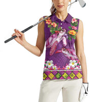Hawaiian Lei Turtle and Plumeria Women Sleeveless Polo Shirt Polynerian Art Tattoo-Mauve Color LT03 - Polynesian Pride