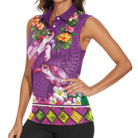 Hawaiian Lei Turtle and Plumeria Women Sleeveless Polo Shirt Polynerian Art Tattoo-Mauve Color LT03 - Polynesian Pride