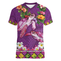 Hawaiian Lei Turtle and Plumeria Women V-Neck T-Shirt Polynerian Art Tattoo-Mauve Color