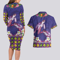 Hawaiian Lei Turtle and Plumeria Couples Matching Long Sleeve Bodycon Dress and Hawaiian Shirt Polynerian Art Tattoo-Navy Color LT03 - Polynesian Pride