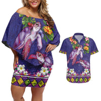 Hawaiian Lei Turtle and Plumeria Couples Matching Off Shoulder Short Dress and Hawaiian Shirt Polynerian Art Tattoo-Navy Color LT03 Navy - Polynesian Pride