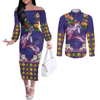 Hawaiian Lei Turtle and Plumeria Couples Matching Off The Shoulder Long Sleeve Dress and Long Sleeve Button Shirt Polynerian Art Tattoo-Navy Color LT03 Navy - Polynesian Pride
