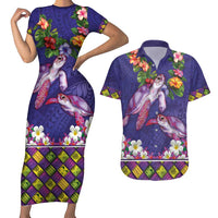 Hawaiian Lei Turtle and Plumeria Couples Matching Short Sleeve Bodycon Dress and Hawaiian Shirt Polynerian Art Tattoo-Navy Color LT03 Navy - Polynesian Pride