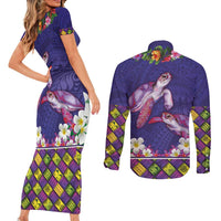 Hawaiian Lei Turtle and Plumeria Couples Matching Short Sleeve Bodycon Dress and Long Sleeve Button Shirt Polynerian Art Tattoo-Navy Color LT03 - Polynesian Pride