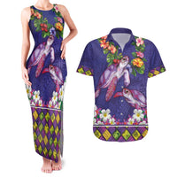 Hawaiian Lei Turtle and Plumeria Couples Matching Tank Maxi Dress and Hawaiian Shirt Polynerian Art Tattoo-Navy Color LT03 Navy - Polynesian Pride