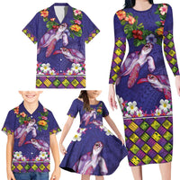 Hawaiian Lei Turtle and Plumeria Family Matching Long Sleeve Bodycon Dress and Hawaiian Shirt Polynerian Art Tattoo-Navy Color LT03 - Polynesian Pride