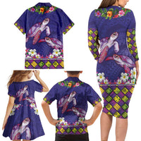 Hawaiian Lei Turtle and Plumeria Family Matching Long Sleeve Bodycon Dress and Hawaiian Shirt Polynerian Art Tattoo-Navy Color LT03 - Polynesian Pride