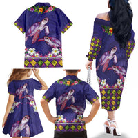 Hawaiian Lei Turtle and Plumeria Family Matching Off The Shoulder Long Sleeve Dress and Hawaiian Shirt Polynerian Art Tattoo-Navy Color LT03 - Polynesian Pride