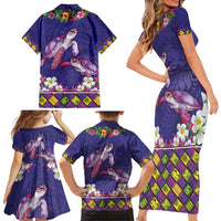 Hawaiian Lei Turtle and Plumeria Family Matching Short Sleeve Bodycon Dress and Hawaiian Shirt Polynerian Art Tattoo-Navy Color LT03 - Polynesian Pride