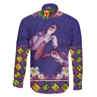 Hawaiian Lei Turtle and Plumeria Family Matching Short Sleeve Bodycon Dress and Hawaiian Shirt Polynerian Art Tattoo-Navy Color LT03 - Polynesian Pride