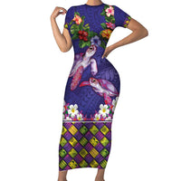 Hawaiian Lei Turtle and Plumeria Family Matching Short Sleeve Bodycon Dress and Hawaiian Shirt Polynerian Art Tattoo-Navy Color LT03 Mom's Dress Navy - Polynesian Pride