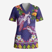 Hawaiian Lei Turtle and Plumeria Scrub Top Polynerian Art Tattoo-Navy Color - Polynesian Pride