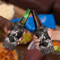 Hawaiian Lei Turtle and Plumeria 4 in 1 Can Cooler Tumbler Polynerian Art Tattoo-Grayscale Mode