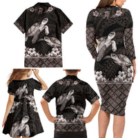 Hawaiian Lei Turtle and Plumeria Family Matching Long Sleeve Bodycon Dress and Hawaiian Shirt Polynerian Art Tattoo-Grayscale Mode LT03 - Polynesian Pride