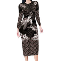 Hawaiian Lei Turtle and Plumeria Family Matching Long Sleeve Bodycon Dress and Hawaiian Shirt Polynerian Art Tattoo-Grayscale Mode LT03 Mom's Dress Black - Polynesian Pride