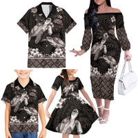 Hawaiian Lei Turtle and Plumeria Family Matching Off The Shoulder Long Sleeve Dress and Hawaiian Shirt Polynerian Art Tattoo-Grayscale Mode LT03 - Polynesian Pride