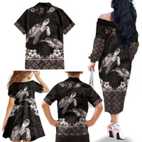 Hawaiian Lei Turtle and Plumeria Family Matching Off The Shoulder Long Sleeve Dress and Hawaiian Shirt Polynerian Art Tattoo-Grayscale Mode LT03 - Polynesian Pride