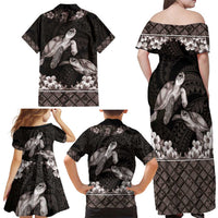 Hawaiian Lei Turtle and Plumeria Family Matching Off Shoulder Maxi Dress and Hawaiian Shirt Polynerian Art Tattoo-Grayscale Mode LT03 - Polynesian Pride