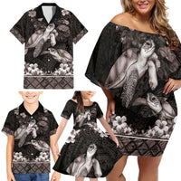 Hawaiian Lei Turtle and Plumeria Family Matching Off Shoulder Short Dress and Hawaiian Shirt Polynerian Art Tattoo-Grayscale Mode LT03 - Polynesian Pride