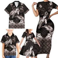 Hawaiian Lei Turtle and Plumeria Family Matching Short Sleeve Bodycon Dress and Hawaiian Shirt Polynerian Art Tattoo-Grayscale Mode LT03 - Polynesian Pride