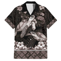 Hawaiian Lei Turtle and Plumeria Family Matching Short Sleeve Bodycon Dress and Hawaiian Shirt Polynerian Art Tattoo-Grayscale Mode LT03 Dad's Shirt - Short Sleeve Black - Polynesian Pride