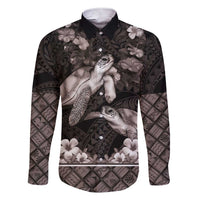 Hawaiian Lei Turtle and Plumeria Family Matching Short Sleeve Bodycon Dress and Hawaiian Shirt Polynerian Art Tattoo-Grayscale Mode LT03 Dad's Shirt - Long Sleeve Black - Polynesian Pride