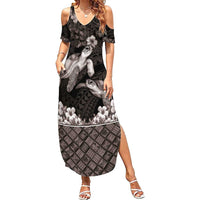 Hawaiian Lei Turtle and Plumeria Family Matching Summer Maxi Dress and Hawaiian Shirt Polynerian Art Tattoo-Grayscale Mode LT03 Mom's Dress Black - Polynesian Pride