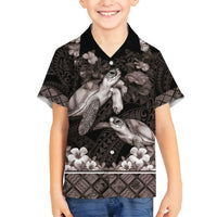 Hawaiian Lei Turtle and Plumeria Family Matching Tank Maxi Dress and Hawaiian Shirt Polynerian Art Tattoo-Grayscale Mode LT03 Son's Shirt Black - Polynesian Pride