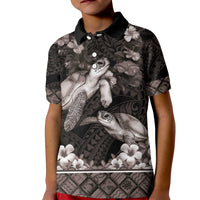 Hawaiian Lei Turtle and Plumeria Kid Polo Shirt Polynerian Art Tattoo-Grayscale Mode