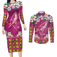 Hawaiian Plumeria and Humpback Whales Couples Matching Long Sleeve Bodycon Dress and Long Sleeve Button Shirt Polynerian Art Tattoo-Plum Pink Color LT03 Pink - Polynesian Pride