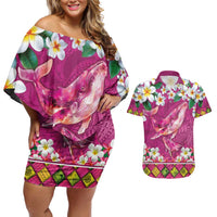 Hawaiian Plumeria and Humpback Whales Couples Matching Off Shoulder Short Dress and Hawaiian Shirt Polynerian Art Tattoo-Plum Pink Color LT03 Pink - Polynesian Pride