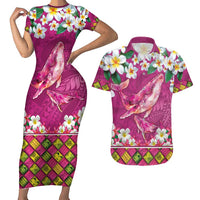 Hawaiian Plumeria and Humpback Whales Couples Matching Short Sleeve Bodycon Dress and Hawaiian Shirt Polynerian Art Tattoo-Plum Pink Color LT03 Pink - Polynesian Pride